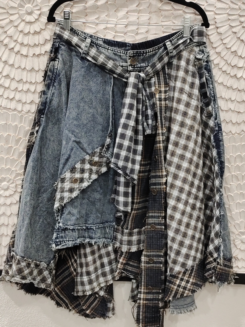 Boho Patchwork Plaid Assymetrical Denim Skirt - Blue - Picture 3 of 10
